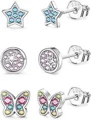 [ORAZIO] 3 Pairs 925 Sterling Silver Small Studs Earrings for Girls Kids Butterfly Heart Flower Cubic Zirconia Cartilage Earrings Set for Women Children Hypoallergenic Stud Sleeper Earrings Set