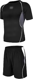 [GUANYUA] Sports Suit Men, Men's Running Fitness Clothes, 2-pcs Short-Sleeved Quick-Drying T-Shirt + Shorts Sports Clothes Black Stitching-XL