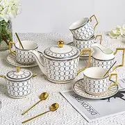 [CwlwGO] Bone China Tea Cup Sets,15-Pieces Tea Cup and Saucer Set Service For 4 Whit 28 Ounces Teapot,Sugar Bowl,Creamer Pitcher and Spoons, Tea Gifts Sets For Women Patry.