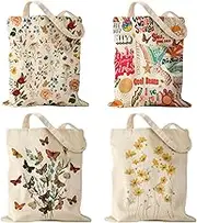 Canvas Tote Bag,Reusable Grocery Bags 4Pcs,Vintage Flowers Cute Canvas Bag for Casual Vacation,Shopping,Work,Gym
