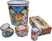 5 Pcs Mexican Talavera Ceramic Multicolor Bathroom Accesories Set. Free Shipping