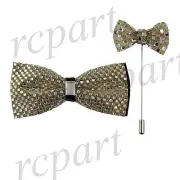 New in box Brand Q Men's bowtie lapel pin 2 piece set crystal yellow checkered