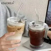 Stripe Glass Cup Transparent Glasses With Lid And Straw Ice Coffee