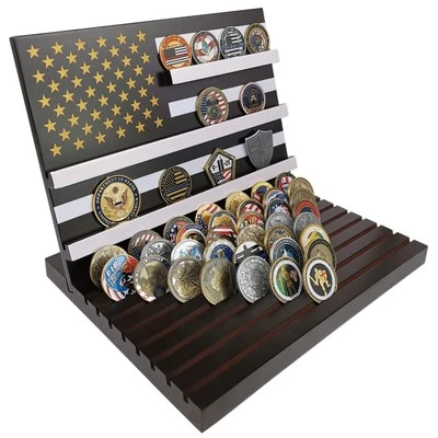 11 Rows Military Challenge Coin Display Stand Holder American Flag Wooden Rac...