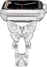 [Vamyzji] Compatible with Apple Watch Band 41mm 40mm 38mm,Easy Adjustable Women Bracelet Bling on Butterfly Replacement iwatch Band for Apple Watch Series 9 8 7 6 5 4 3 2 1 SE(Silver)
