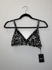DKNY Black White Floral Swim Bikini Top Wrap Mesh NWT Ladies XS