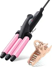 Youuish Mini Hair Crimper 1/2 Inch, Small 3 Barrel Curling Iron Hair Waver Dual Voltage for Home and Travel, Triple Ceramic Tiny Barrels Create Natural Tight Beachy Waves, Pink