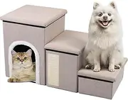 Foldable Dog Stairs for Couch and Bed, 75 L x 35 W x 43 H cm, Pet Stairs for Small/Older/Large Dogs, 3 Steps for Dogs with Large Home, Storage Space, Cat Scratching Board, Beige Stairs Dog