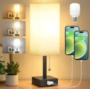 Bedside Table Lamp with 3 Color Temperatures – USB-C+A Ports, Pull Chain, LED Bu