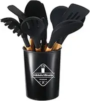 12 PCS Silicone Utensil Set, Wooden Handle Nontoxic BPA Free Silicone Spoon Spatula Turner Tongs Kitchen Gadgets Utensil Set for Nonstick Cookware with Holder (Black)