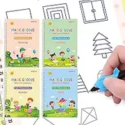 Magic Grooved Handwriting Book Practice,Practice Copybook,Handwriting Practice Copybook,Reusable Practice Book for Preschool Age 3-8 Numbers Drawing Tracing Books (4 Large Books with Pens)