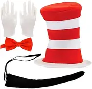 [MFUOE] 4Pieces Dr Seuss Accessory Set Bow Tie Red White Striped Tall Hat Gloves Tail World Book Day Fancy Dress for Kids Adults Party Cosplay