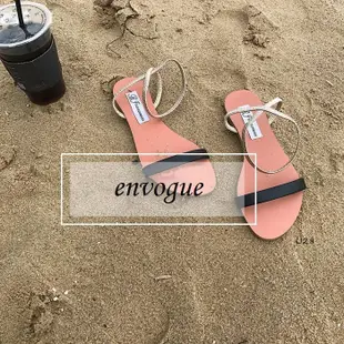= envogue =U28簡約一字型 小清新涼鞋金色涼鞋 黑色涼鞋 平底涼鞋$590