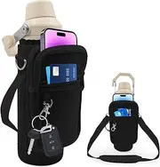 Water Bottle Holder with Phone Pocket for 24oz Stanley IceFlow Fast Flow with Handle Bottle Carrier Bag with Drawstring, Carrying Strap, Non Slip Shoulder Strap for Stanley Cup (Black)