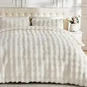 Lotus Karen Fluffy Comforter Cover Set-Rabbit Fluff Faux Fur Duvet Cover King Size,Cream White Plush Fuzzy Furry Bedding Sets 3Pieces(1 Duvet Cover & 2 Pillow Shams),Zipper Closure