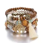 4PC set Tree Of Life Pendant Multilayer Beaded Bracelet Round Bead Wooden White