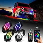Upgrade 4 Pods RGB Rock Lights Kit - Multicolor Neon Underglow LED Pod Lights with Bluetooth App Control & RF Remote Control, Wheel Well Light for Trucks Jeep Wrangler ATV UTV SUV RZR Golf Cart