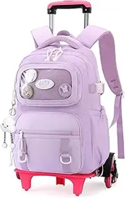 [Tanou] Backpack with Wheels for Girls Removable School Bag Trolley Waterproof Nylon Girls School Backpack for Children and Teenagers with 6 Wheels