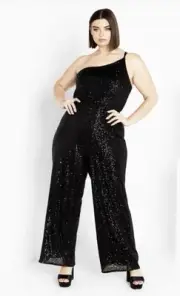 City Chic Ladies One Shoulder Savanna Sequins Jumpsuit size 22/L Colour Petrol