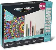 [Prismacolor] Premier Soft Core Pencils Adult Coloring Book Kit with Blender, Illustration Marker, Eraser, Sharpener and Coloring Booklet, 25 Pieces