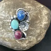Multicolor Ring Turquoise Spiny Navajo Sterling Silver Cluster Size 8.5 19168