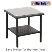 Outdoor PE Wicker Side Table, Square Patio Table with Glass Top Black Furniture