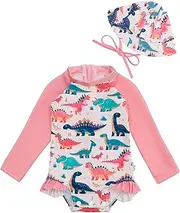 [babygoal] Baby Girls Long Sleeve One Piece Rash Guard Swimsuit with Zipper, UPF 50+ Sun Protection, Dinosaur, 12-18 Months