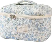 [uekeboag] Large Travel Quilted Makeup Bag for Women, Floral Cotton Cosmetic Bag, Coquette Aesthetic Floral Toiletry Organizer Bag, 01Lithtblue-Flower, Floral Cotton