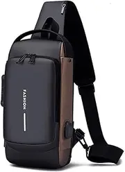 [WTKUOUC] Anti Theft Crossbody Sling Bag Leather Natural Waterproof Shoulder PU Backpack Men's Lightweight Shoulder Chest Crossbody Bags with USB Charging Port Black with Brown By WTKOU