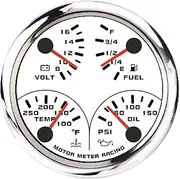 MOTOR METER RACING W Pro Series 110mm 4-3/8" 4 in 1 Multi-Function Gauge Water Temperature °F Oil Pressure PSI Fuel Level 240-33 ohms Voltage 12 Volt White Dial Red LED Waterproof