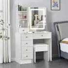 White Dressing Table Makeup Desk Stool Set with Sliding LED Mirror 6 Drawers