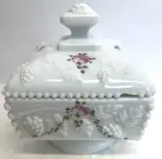 WESTMORELAND HOBNAIL MILK GLASS CANDY/TRINKET COMPOTE W/ LID- GRAPE PATTERN
