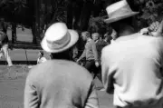 Jack Nicklaus walking with official on fairway during Saturday pla- Old Photo