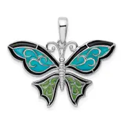 Sterling Silver De-Ani Rhodium-Plated Polished Enameled Aqua Butterfly Pendant