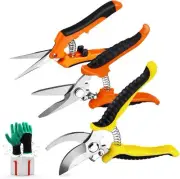 Garden Pruning Shears Set - 3 Pack Stainless Steel Blades & Gloves