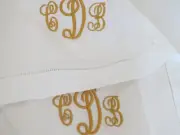 New in Pkg Embroidered "CDB" Lovely White Linen TABLE RUNNER Gold Thread 54" L