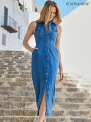 Sosandar Blue Denim Button Front Pencil Midi Dress (E35915) | $173