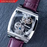 Automatic Mechanical Skeleton Bridge Movement Watch Luminous Hands Silver Purple