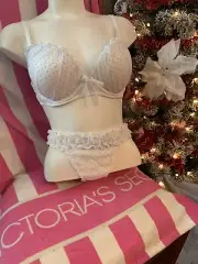 Victoria's Secret Padded Demi Bridal Ruffled Blue Polka Dot 36D Bra Thong Set.20
