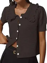 [Livtany] Women's Button Down Ruffle Collared Ribbed Trim Sweater Tops Crochet Knit Lantern Short Sleeve Open Front Cardigan