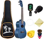 23 Inch Veneer Ukulele Soprano Uke 4 String Hawaii Guitar Mahogany Side Back Rosewood Fingerboard with Carry Bag Tuner Spare Strings Strap Wipe Cloth 3 Picks with Holder Blue 23-inch