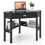 Giantex Wooden Corner Computer Desk Triangle Laptop Table Home Office Desk w/Drawer & Open Shelves Black