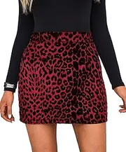 [Mingnos] Womens Faux Suede Leopard Print High Waisted Bodycon A-Line Mini Short Skirts