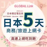 GLOBAL LINK 全球通 日本5天上網卡 5日5GB 過量降速吃到飽 4G網速(日本穩定電信商 即插即用)