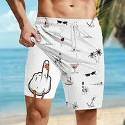Men's Coconut Tree Funny Duck Lined Shorts 2 in 1 Board Shorts Swim Shorts Mid Waist Hawaiian Vacation Beach Wear Side Pockets With Compression Liner Elastic D