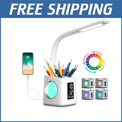 Dimmable Kids LED Desk Lamp with USB Port, Clock, Calendar & Color Night Light