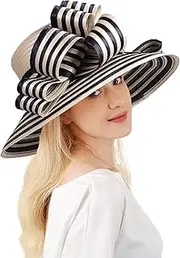 [HIMESPORT] Wedding Bridal Church Party Derby Hats for Women Striped Bowler Hat Wide Brim Fascinator Flat Top Fedora Hats