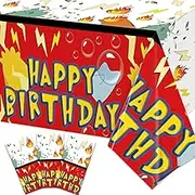 ssailue decor 3 Pcs Cartoon Themed Table Cloth Happy Birthday Table Covers for Kid's Birthday Red and White Plastic Table Cloth Disposable Party Supplies 108 * 54 Inches