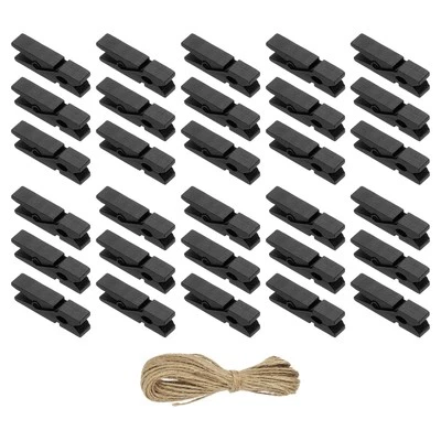 100 Pcs Wooden Mini Clothes Pins with 32Ft Jute Twine, Black