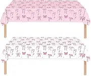 2 Pack Pink Bow Tablecloth Plastic 54 X 108Inch, Coquette Birthday Decorations Table Cloth Disposable Girls Birthday Party Supplies
